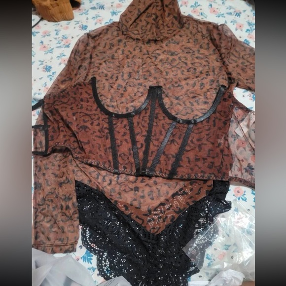 Sexy Sheer Leopard Mesh Contrast Lace High Neck Underbust Corset Teddy Bodysuit - Picture 13 of 13
